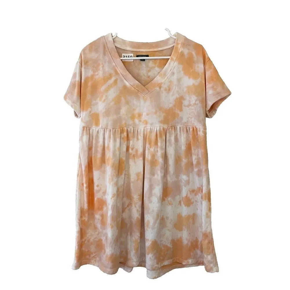 Wild Fable Womens Orange White Mini Dress XS Tie Dye V Neck Pleated Short Sleeve